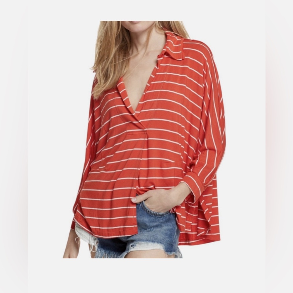 Free People Orange Stripe Dolman Sleeve Surplice V Neck Knit Relaxed Tunic Top M